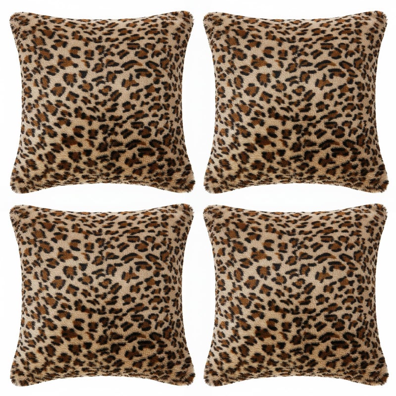 Faylapa 4 Pack Soft Plush Leopard Print Pillow Covers,Animal Theme Print Faux Fur Decorative Throw Pillowcase Home Decor Cushion Cover 18Ã—18 Inches (45Ã—45cm)(Case ONLY) - Image 1